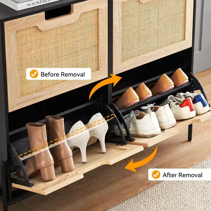 Shoe Cabinet, Natural Rattan Narrow Shoe Storage Organizer Cabinet With 4 Flip Drawers, Freestanding Shoe Rack With Metal Legs for Entryway