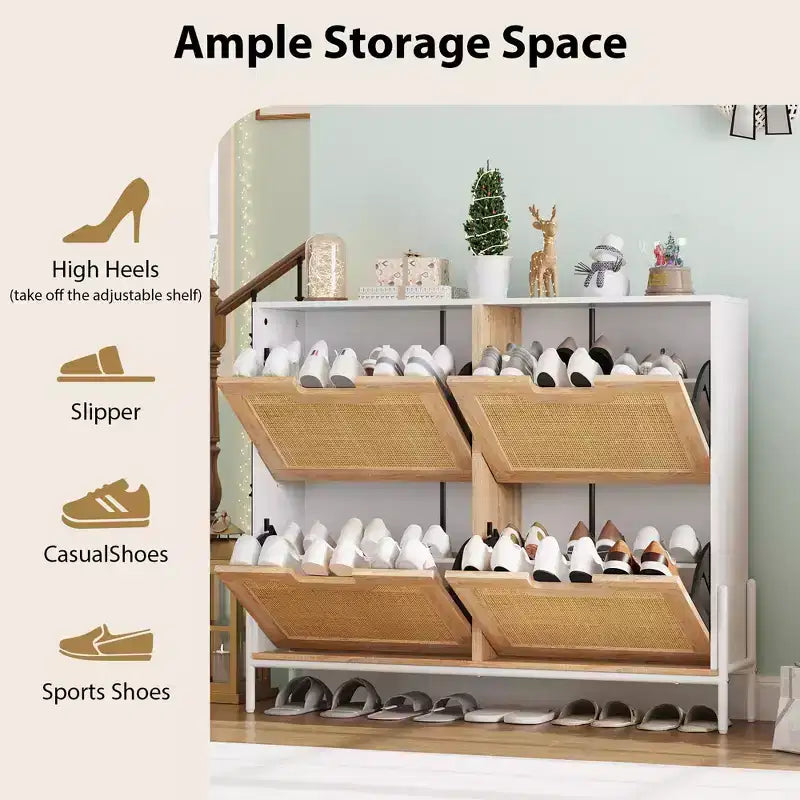 Shoe Cabinet, Natural Rattan Narrow Shoe Storage Organizer Cabinet With 4 Flip Drawers, Freestanding Shoe Rack With Metal Legs for Entryway