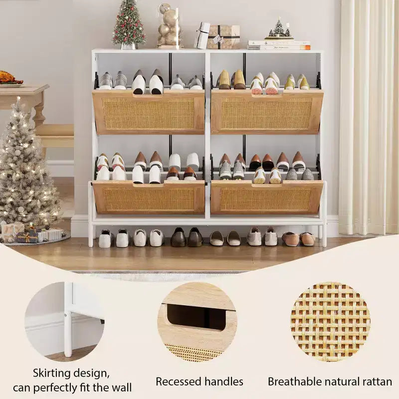 Shoe Cabinet, Natural Rattan Narrow Shoe Storage Organizer Cabinet With 4 Flip Drawers, Freestanding Shoe Rack With Metal Legs for Entryway
