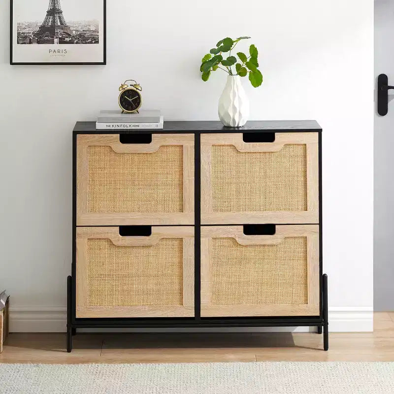 Shoe Cabinet, Natural Rattan Narrow Shoe Storage Organizer Cabinet With 4 Flip Drawers, Freestanding Shoe Rack With Metal Legs for Entryway