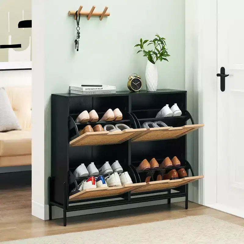 Shoe Cabinet, Natural Rattan Narrow Shoe Storage Organizer Cabinet With 4 Flip Drawers, Freestanding Shoe Rack With Metal Legs for Entryway