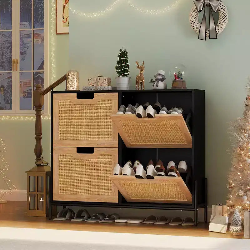 Shoe Cabinet, Natural Rattan Narrow Shoe Storage Organizer Cabinet With 4 Flip Drawers, Freestanding Shoe Rack With Metal Legs for Entryway
