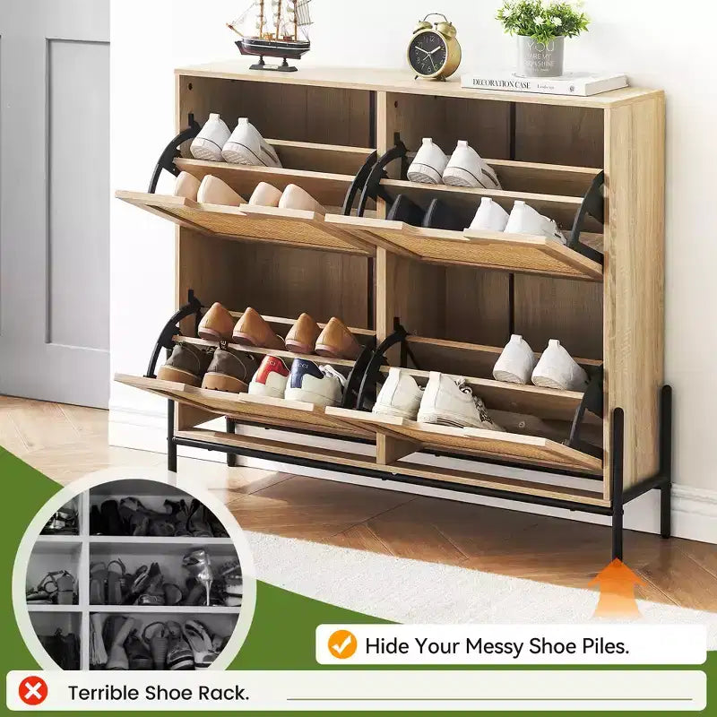 Shoe Cabinet, Natural Rattan Narrow Shoe Storage Organizer Cabinet With 4 Flip Drawers, Freestanding Shoe Rack With Metal Legs for Entryway