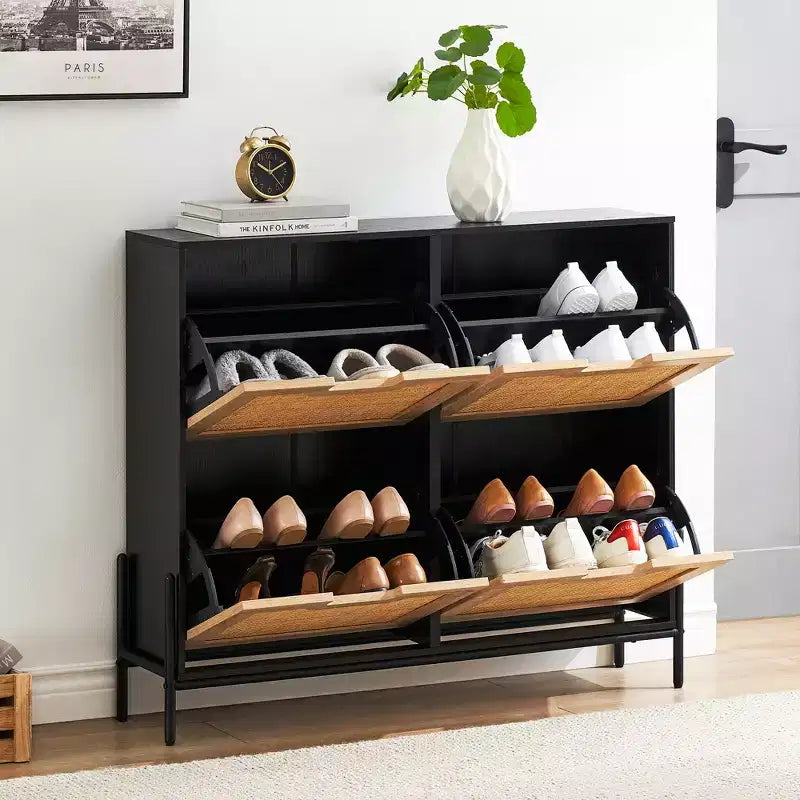 Shoe Cabinet, Natural Rattan Narrow Shoe Storage Organizer Cabinet With 4 Flip Drawers, Freestanding Shoe Rack With Metal Legs for Entryway
