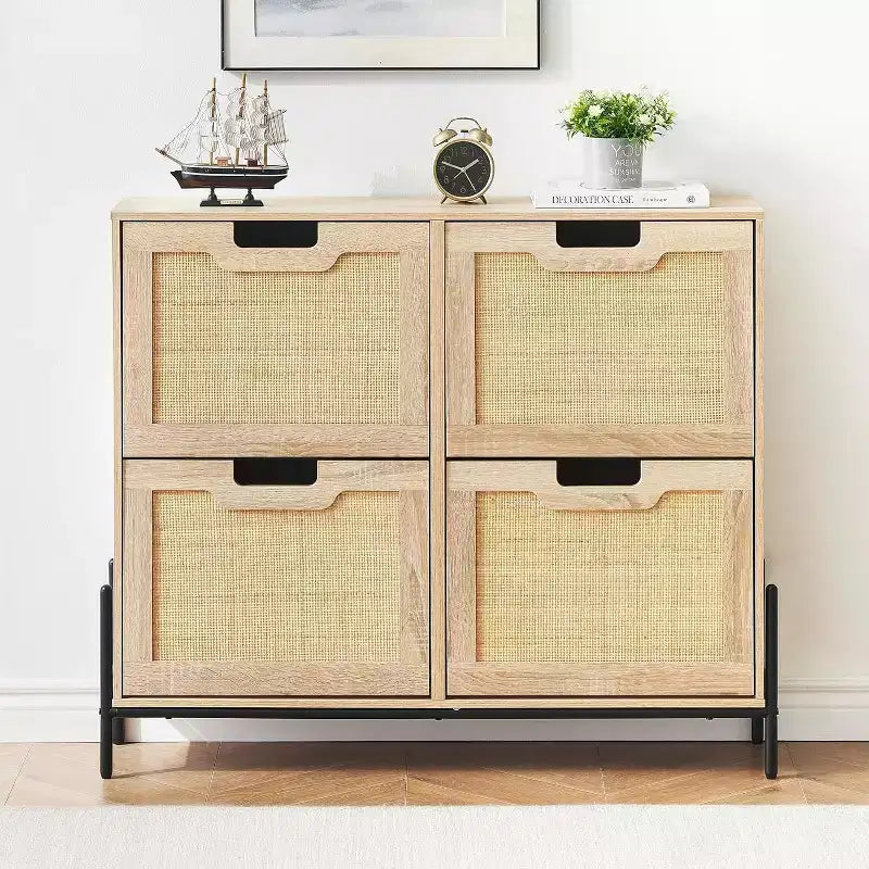 Shoe Cabinet, Natural Rattan Narrow Shoe Storage Organizer Cabinet With 4 Flip Drawers, Freestanding Shoe Rack With Metal Legs for Entryway