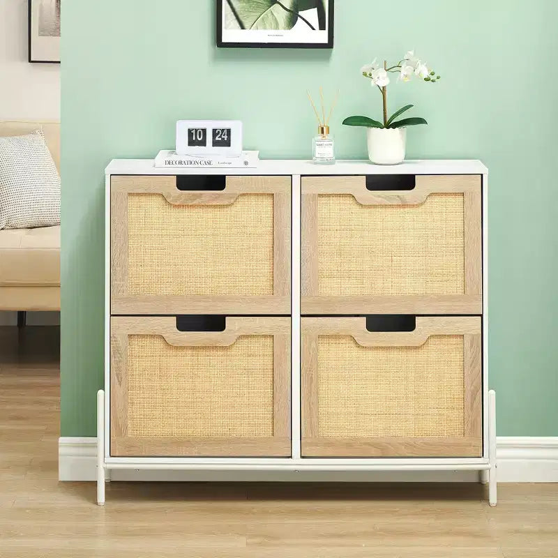 Shoe Cabinet, Natural Rattan Narrow Shoe Storage Organizer Cabinet With 4 Flip Drawers, Freestanding Shoe Rack With Metal Legs for Entryway