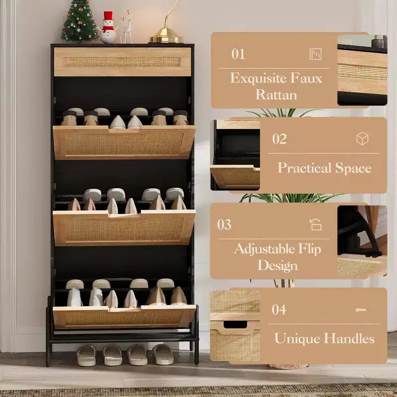 Shoe Cabinet, Shoe Storage with 3 Flip Doors, Natural Rattan Shoe Rack with Adjustable Shelf, 1 Drawer, Shoe Organizer Cabinet for Entryway
