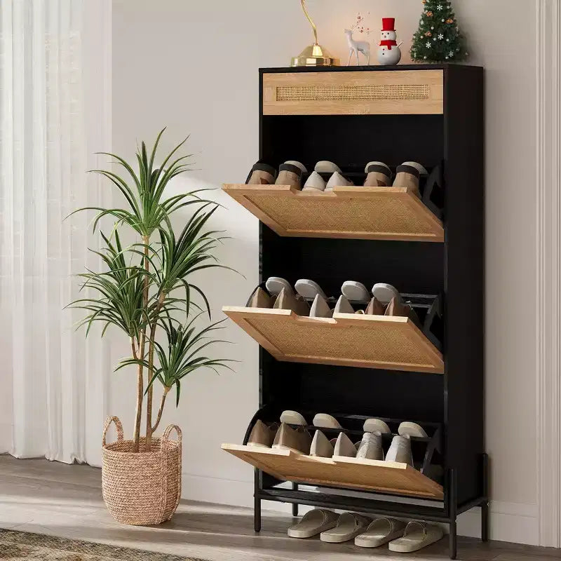 Shoe Cabinet, Shoe Storage with 3 Flip Doors, Natural Rattan Shoe Rack with Adjustable Shelf, 1 Drawer, Shoe Organizer Cabinet for Entryway