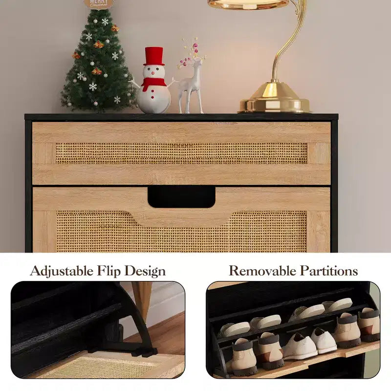 Shoe Cabinet, Shoe Storage with 3 Flip Doors, Natural Rattan Shoe Rack with Adjustable Shelf, 1 Drawer, Shoe Organizer Cabinet for Entryway