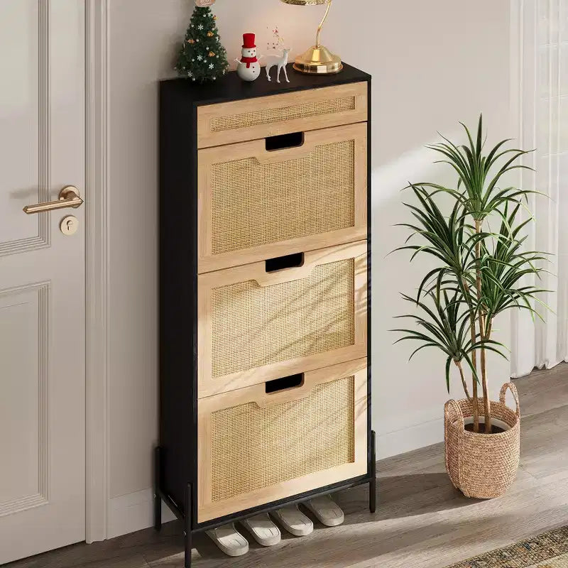 Shoe Cabinet, Shoe Storage with 3 Flip Doors, Natural Rattan Shoe Rack with Adjustable Shelf, 1 Drawer, Shoe Organizer Cabinet for Entryway