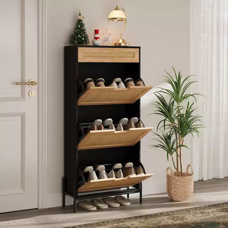 Shoe Cabinet, Shoe Storage with 3 Flip Doors, Natural Rattan Shoe Rack with Adjustable Shelf, 1 Drawer, Shoe Organizer Cabinet for Entryway