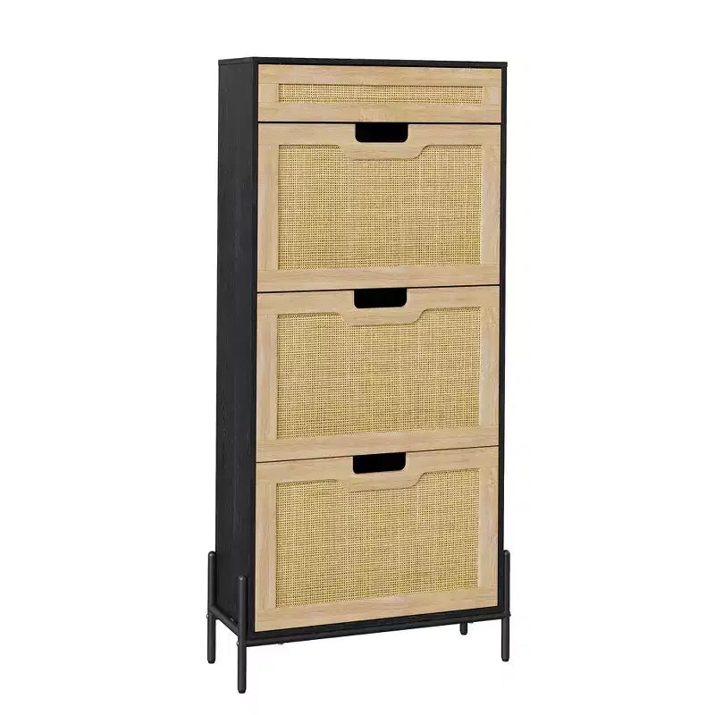 Shoe Cabinet, Shoe Storage with 3 Flip Doors, Natural Rattan Shoe Rack with Adjustable Shelf, 1 Drawer, Shoe Organizer Cabinet for Entryway