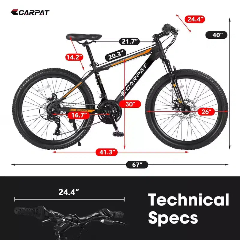 NAYSAYE Vélo VTT 26 Pouces, 21 Vitesses, Freins à Disque Mécaniques pour Tout-Terrain, Orange, 71*25*39.3