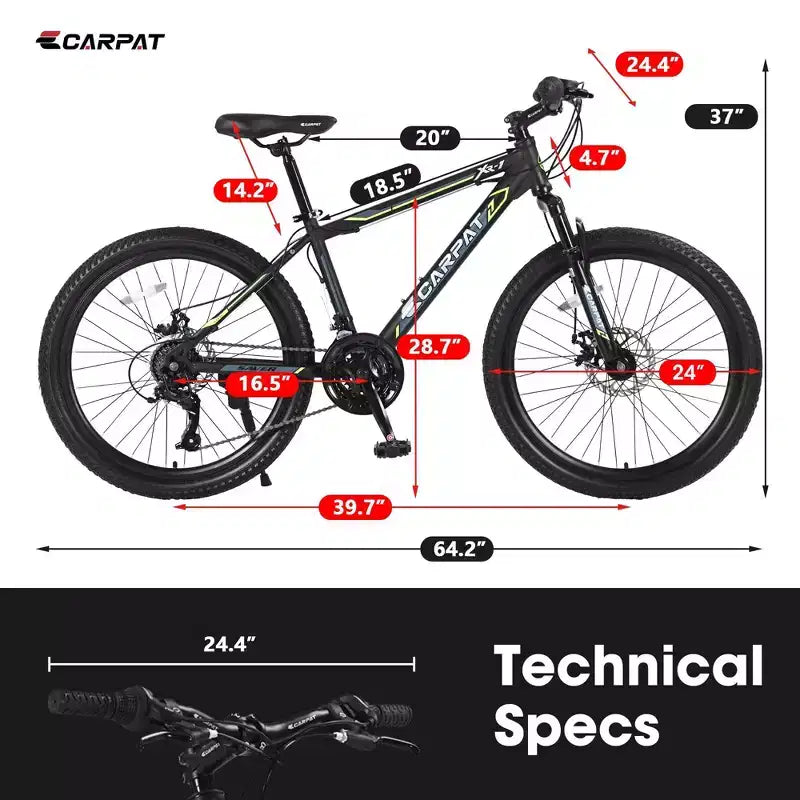 NAYSAYE Bicycle 24 Inch Mountain Bike 21 Speeds Steel Frame for Boys and Girls for Off Road Trails, Black and Green, 56.3*7.88*28.35
