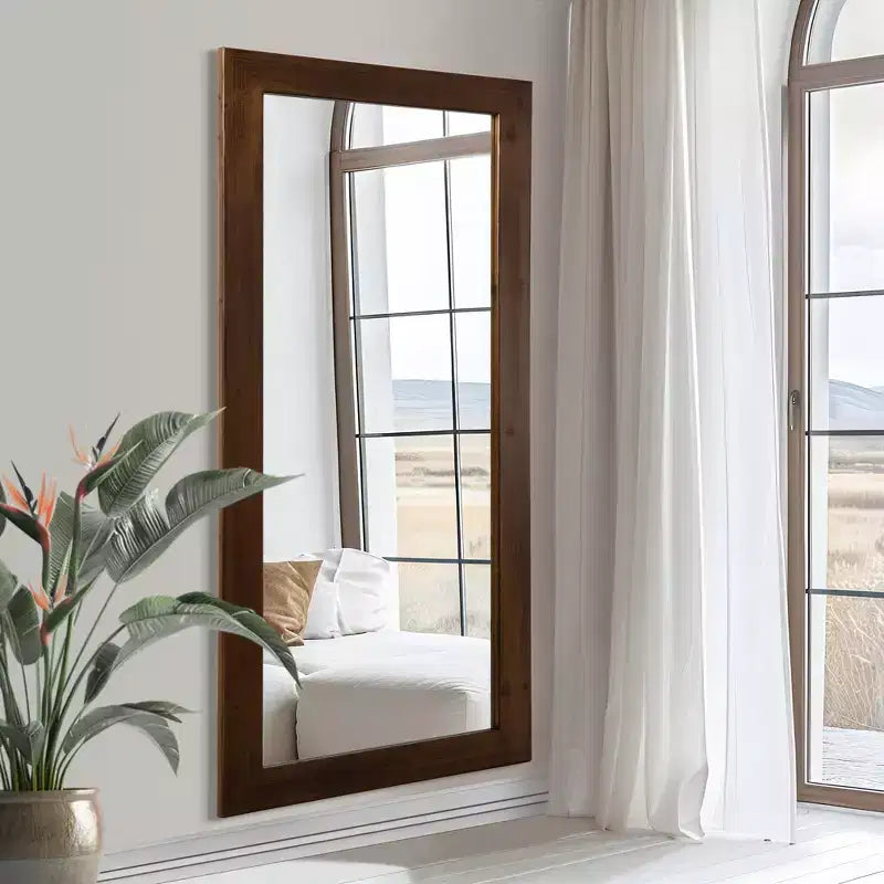 Miroir mural rectangulaire pleine longueur PexFix de 31 po l. x 71 po H, avec cadre en bois massif, en noyer