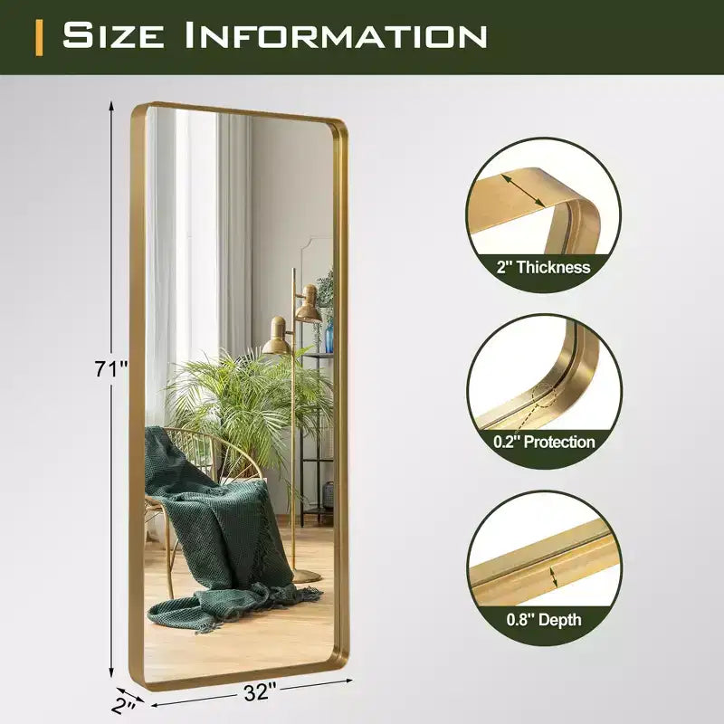 PexFix 31 in. x 71 in. Full Length Mirror Aluminum Round Corner Rectangle Deep Frame Wall Decor Mirror in Gold Freestanding Wall Mount