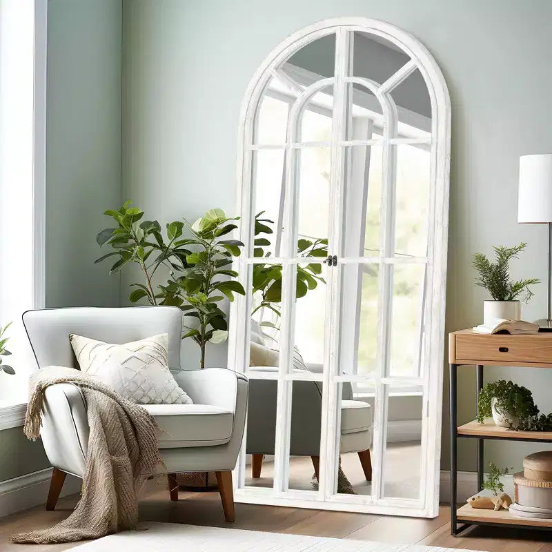 PexFix 71 in. x 32 in. Classic Arched Solid Wood Solid Wood Window Pane Full Length Mirror Arched Top Rectangle Freestanding White