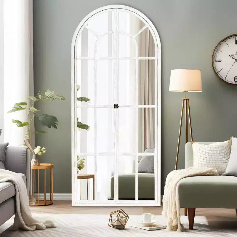 PexFix 71 in. x 32 in. Classic Arched Solid Wood Solid Wood Window Pane Full Length Mirror Arched Top Rectangle Freestanding White