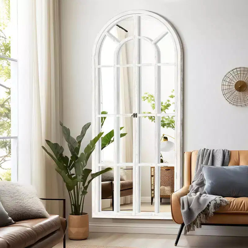 PexFix 71 in. x 32 in. Classic Arched Solid Wood Solid Wood Window Pane Full Length Mirror Arched Top Rectangle Freestanding White