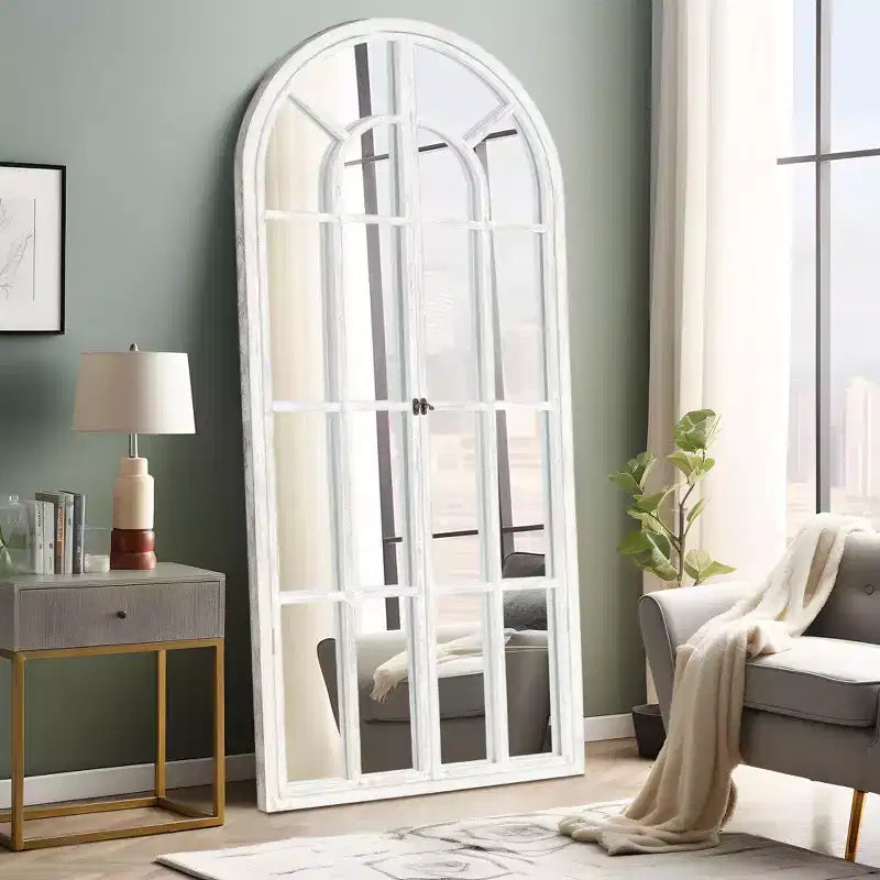 PexFix 71 in. x 32 in. Classic Arched Solid Wood Solid Wood Window Pane Full Length Mirror Arched Top Rectangle Freestanding White
