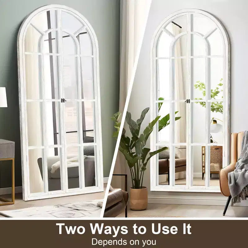 PexFix 71 in. x 32 in. Classic Arched Solid Wood Solid Wood Window Pane Full Length Mirror Arched Top Rectangle Freestanding White