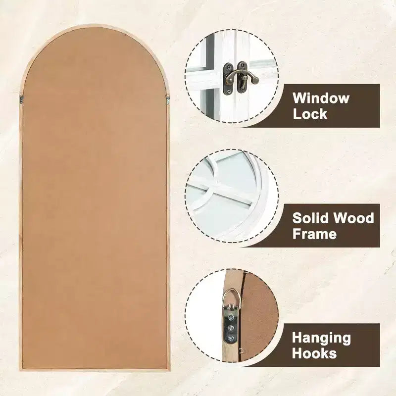 PexFix 71 in. x 32 in. Classic Arched Solid Wood Solid Wood Window Pane Full Length Mirror Arched Top Rectangle Freestanding White