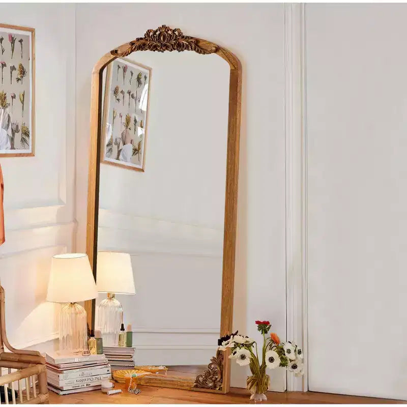 PexFix 21 in. W x 64 in. H Rustic Arched Solid Wood Framed DIY Carved Full Length Mirror in Golden