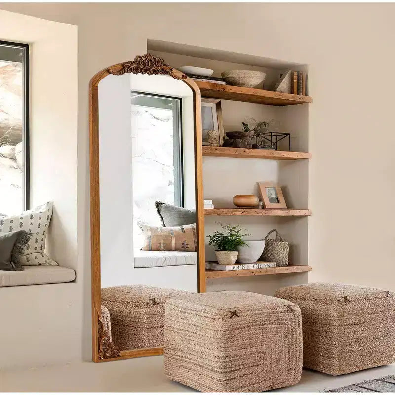 PexFix 21 in. W x 64 in. H Rustic Arched Solid Wood Framed DIY Carved Full Length Mirror in Golden