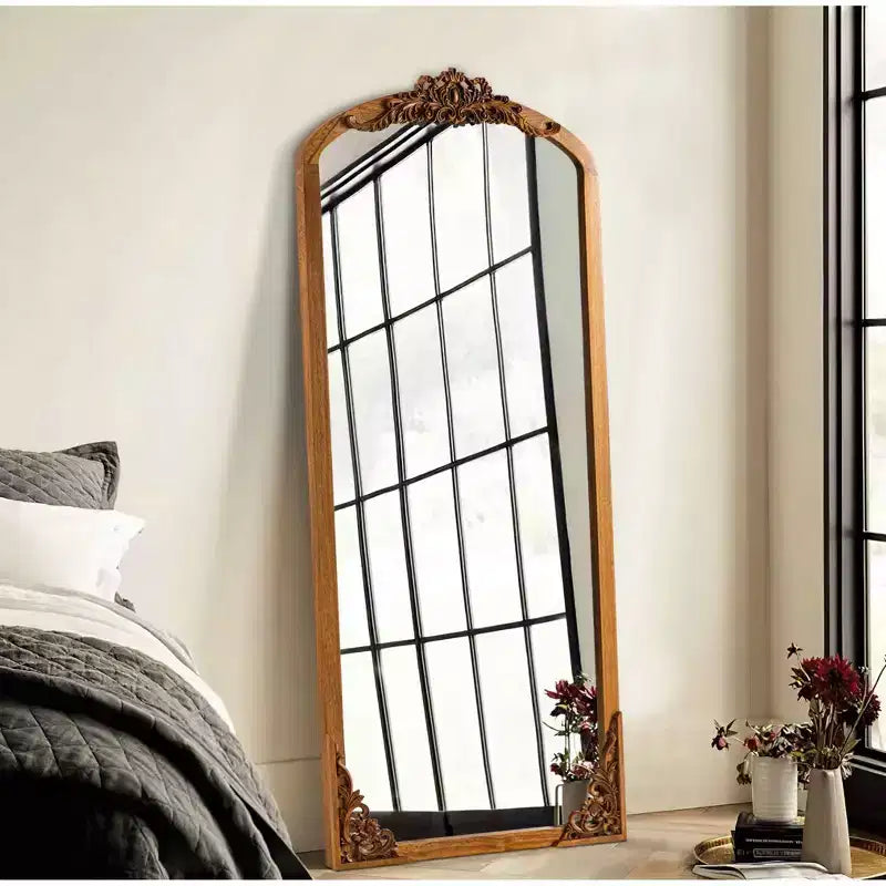 PexFix 21 in. W x 64 in. H Rustic Arched Solid Wood Framed DIY Carved Full Length Mirror in Golden