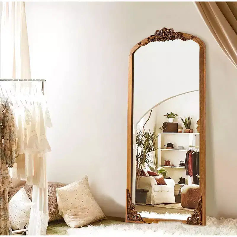 PexFix 21 in. W x 64 in. H Rustic Arched Solid Wood Framed DIY Carved Full Length Mirror in Golden