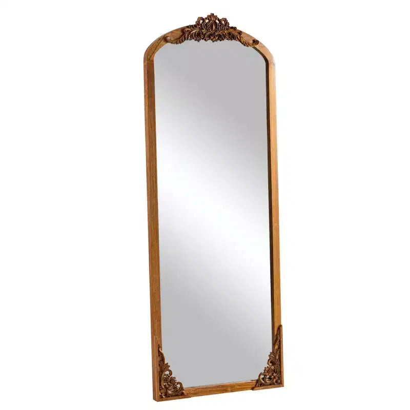 PexFix 21 in. W x 64 in. H Rustic Arched Solid Wood Framed DIY Carved Full Length Mirror in Golden