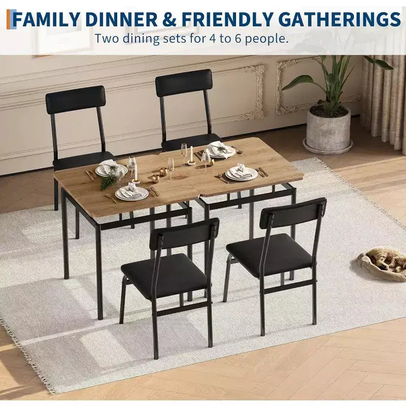 3/5 Piece Dining Table Set, Wooden Kitchen Table Set with PU Upholstered Chair, Industrial Metal Frame Dinette Set for Dining Room