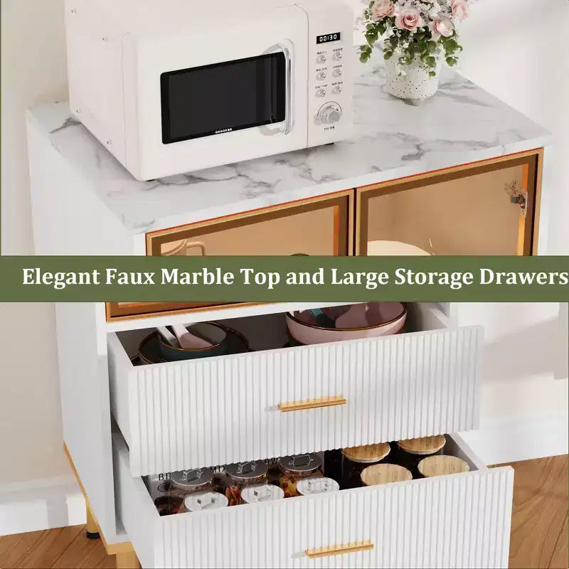 Fluted Glass Door Storage Cabinet - Modern White Display Cabinet with Adjustable Shelves & 2 Drawers