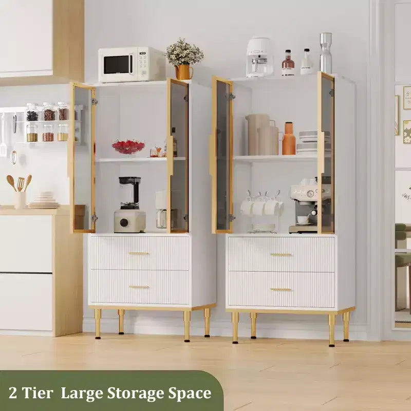 Fluted Glass Door Storage Cabinet - Modern White Display Cabinet with Adjustable Shelves & 2 Drawers