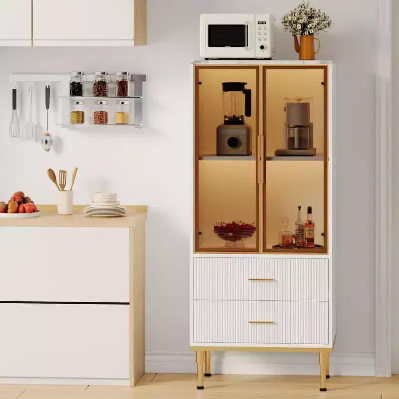Fluted Glass Door Storage Cabinet - Modern White Display Cabinet with Adjustable Shelves & 2 Drawers