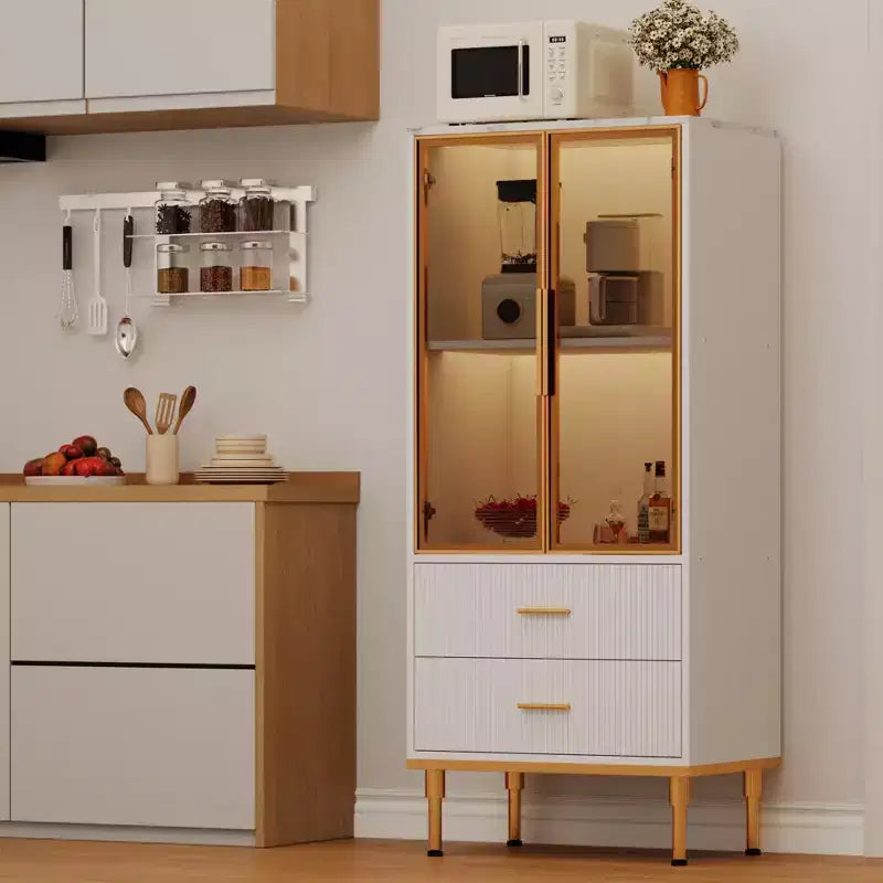 Fluted Glass Door Storage Cabinet - Modern White Display Cabinet with Adjustable Shelves & 2 Drawers