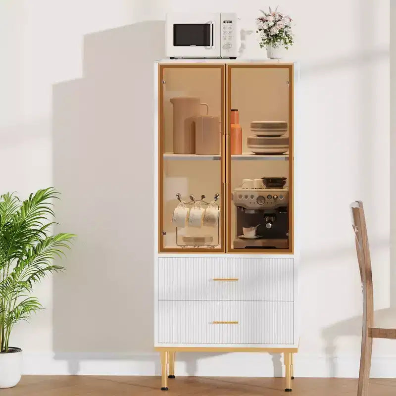 Fluted Glass Door Storage Cabinet - Modern White Display Cabinet with Adjustable Shelves & 2 Drawers