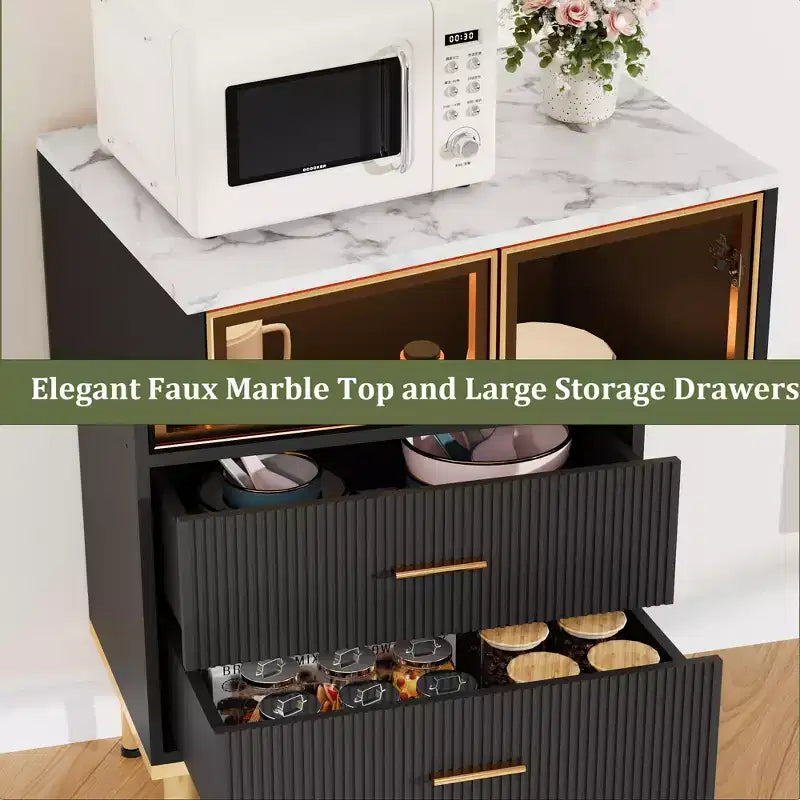 Fluted Glass Door Storage Cabinet - Modern White Display Cabinet with Adjustable Shelves & 2 Drawers