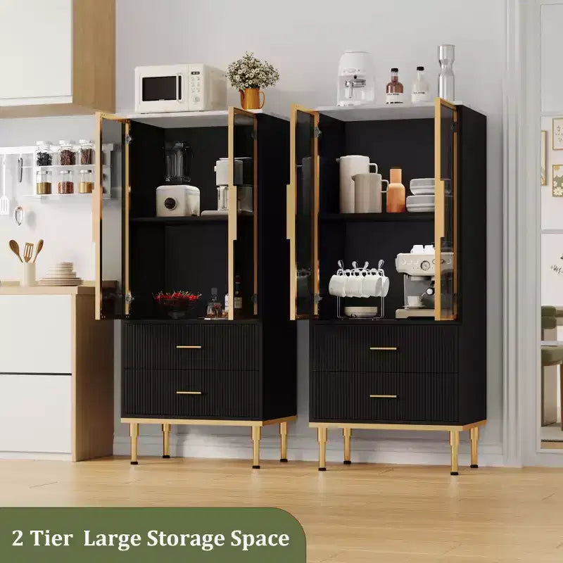 Fluted Glass Door Storage Cabinet - Modern White Display Cabinet with Adjustable Shelves & 2 Drawers