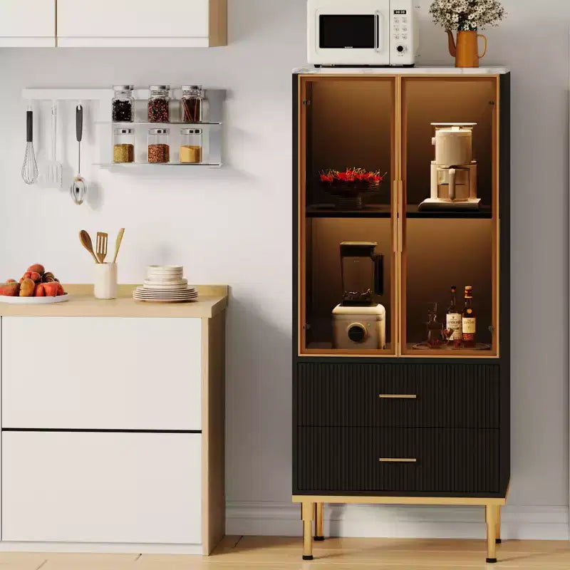Fluted Glass Door Storage Cabinet - Modern White Display Cabinet with Adjustable Shelves & 2 Drawers