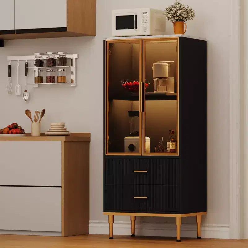 Fluted Glass Door Storage Cabinet - Modern White Display Cabinet with Adjustable Shelves & 2 Drawers