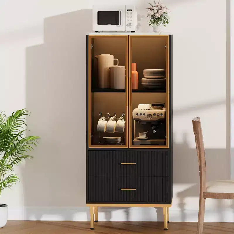 Fluted Glass Door Storage Cabinet - Modern White Display Cabinet with Adjustable Shelves & 2 Drawers