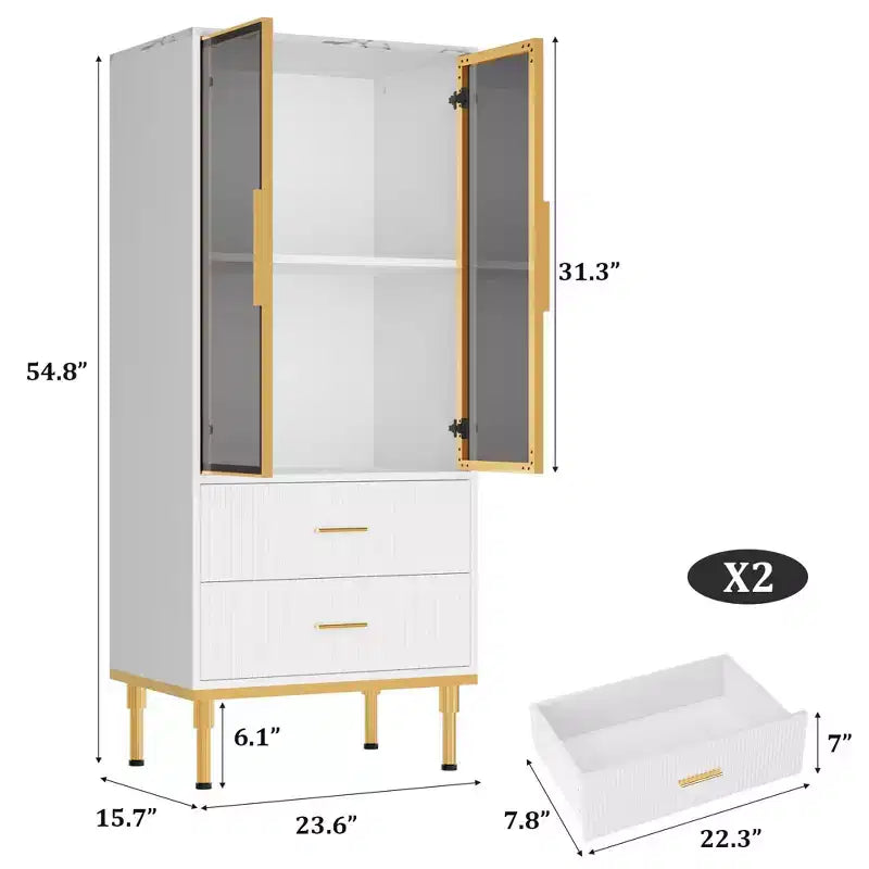 Fluted Glass Door Storage Cabinet - Modern White Display Cabinet with Adjustable Shelves & 2 Drawers