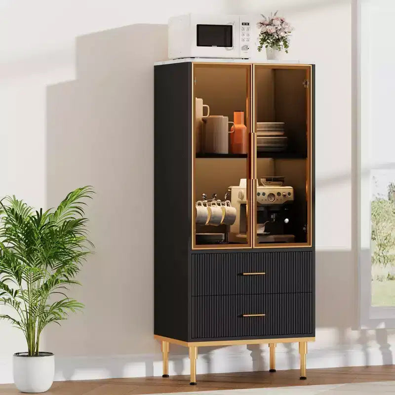 Fluted Glass Door Storage Cabinet - Modern White Display Cabinet with Adjustable Shelves & 2 Drawers