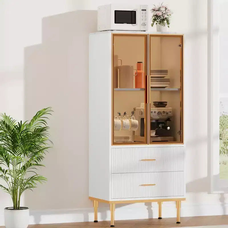 Fluted Glass Door Storage Cabinet - Modern White Display Cabinet with Adjustable Shelves & 2 Drawers