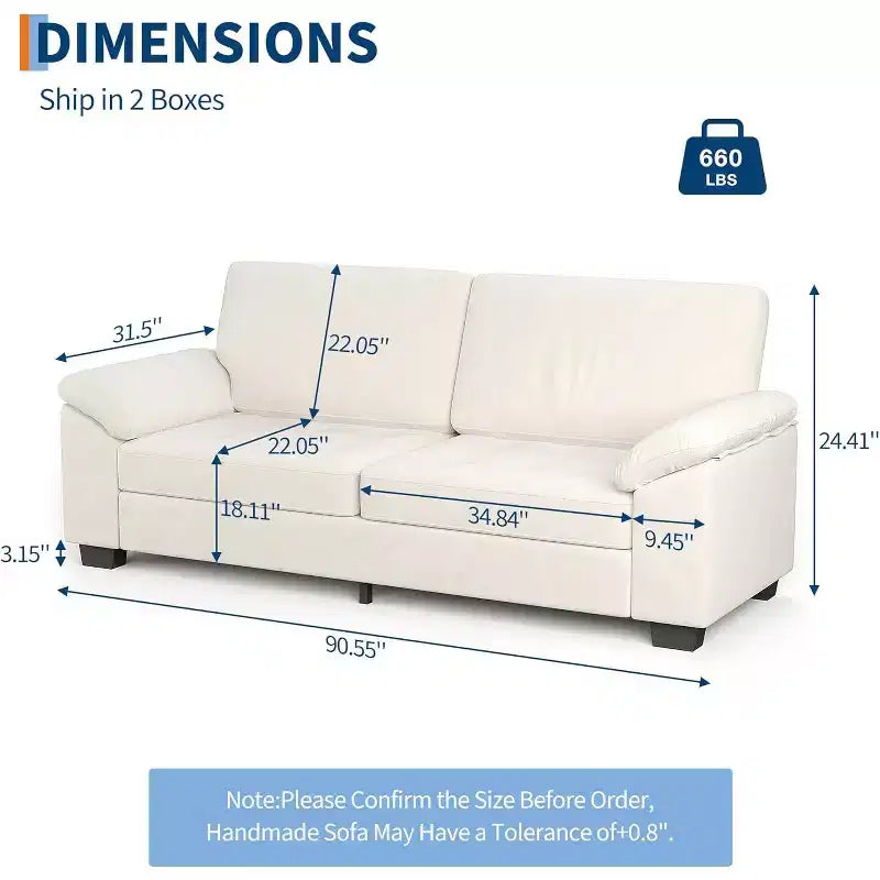 90 Modern Oversized Velvet Loveseat, Wide Armrests, Washable Cushion Covers, Comfy 2-3 Seater Sofa for Living Room, Bedroom, Apartment