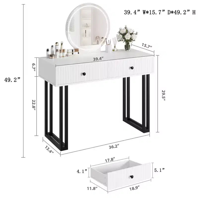 GustoWave Vanity Desk with Mirror and Lights, Makeup Vanity with 2 Drawers, Vanity Organizer with 3 Color LightsAdjustable Brightness, Dressing Table