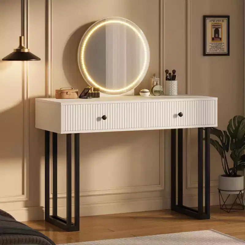 GustoWave Vanity Desk with Mirror and Lights, Makeup Vanity with 2 Drawers, Vanity Organizer with 3 Color LightsAdjustable Brightness, Dressing Table