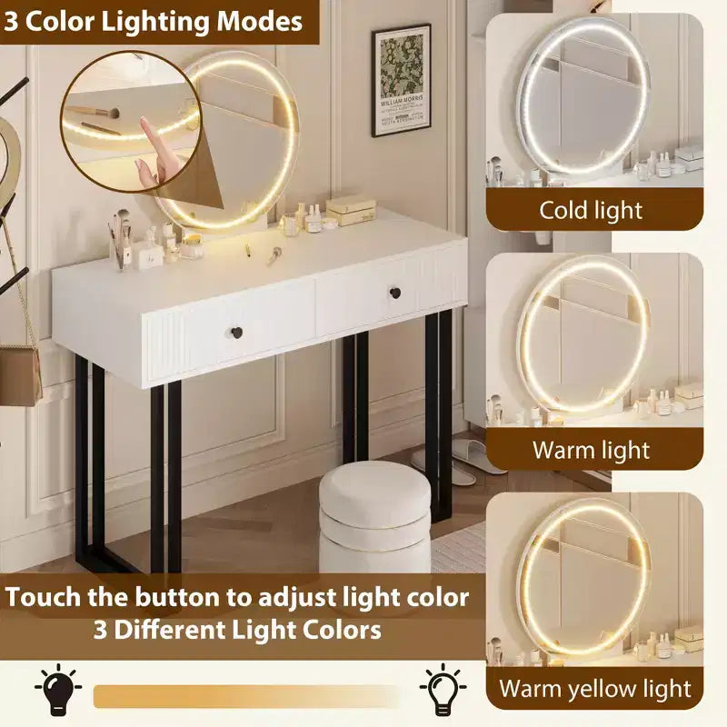 GustoWave Vanity Desk with Mirror and Lights, Makeup Vanity with 2 Drawers, Vanity Organizer with 3 Color LightsAdjustable Brightness, Dressing Table