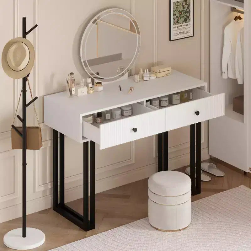 GustoWave Vanity Desk with Mirror and Lights, Makeup Vanity with 2 Drawers, Vanity Organizer with 3 Color LightsAdjustable Brightness, Dressing Table
